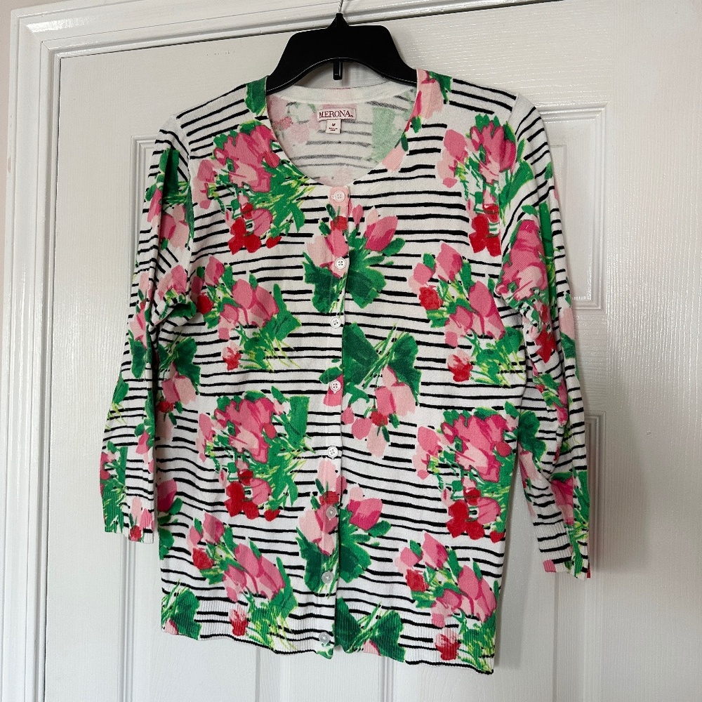 Merona Floral Cardigan Sweater Pink Flowers White Black Stripes Size Medium